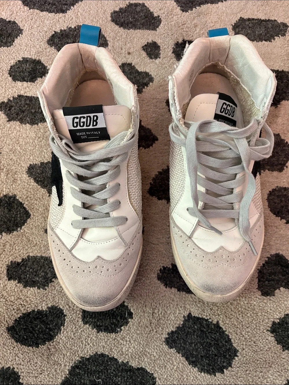 Golden Goose White High-Top Sneakers with Black Star and Blue Heel Tab